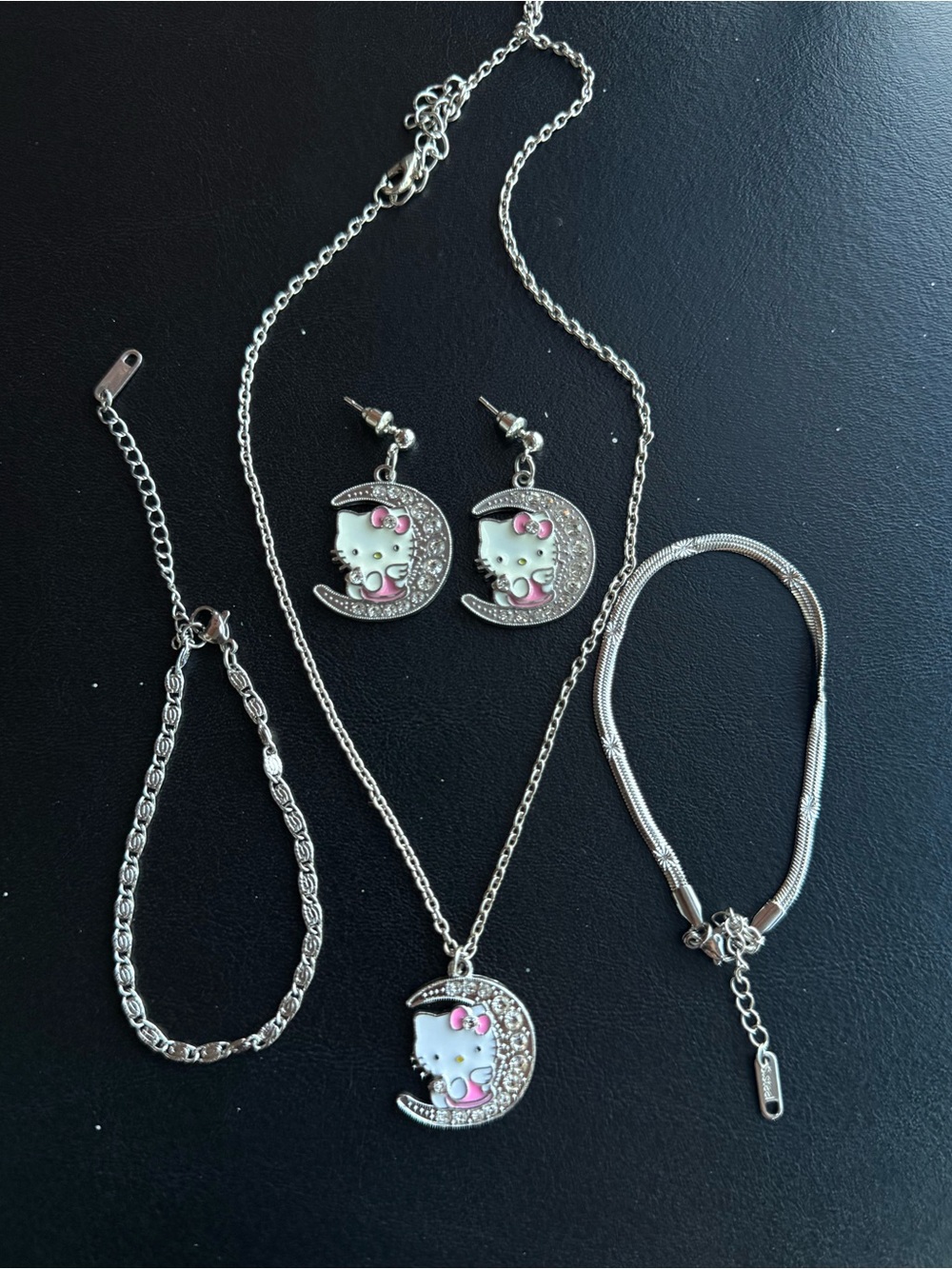 Silver Hello Kitty Moon Pendant Necklace and Earring Set with 2pc bracelets